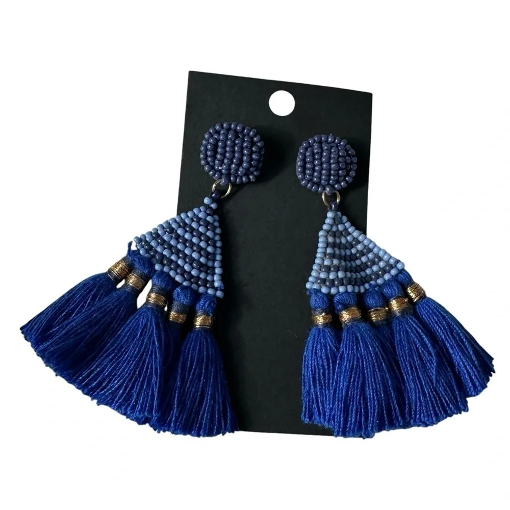 Royal Blue Boho Beaded Fan Earrings